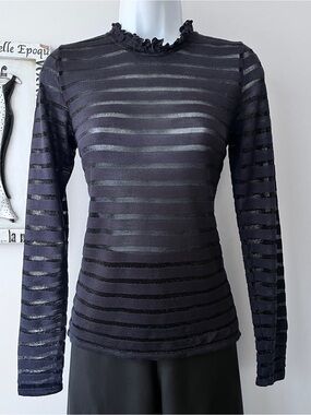 Pigalle Sheer Stripe Ruffle-Neck Long Sleeve Knit Women’s Top Size S